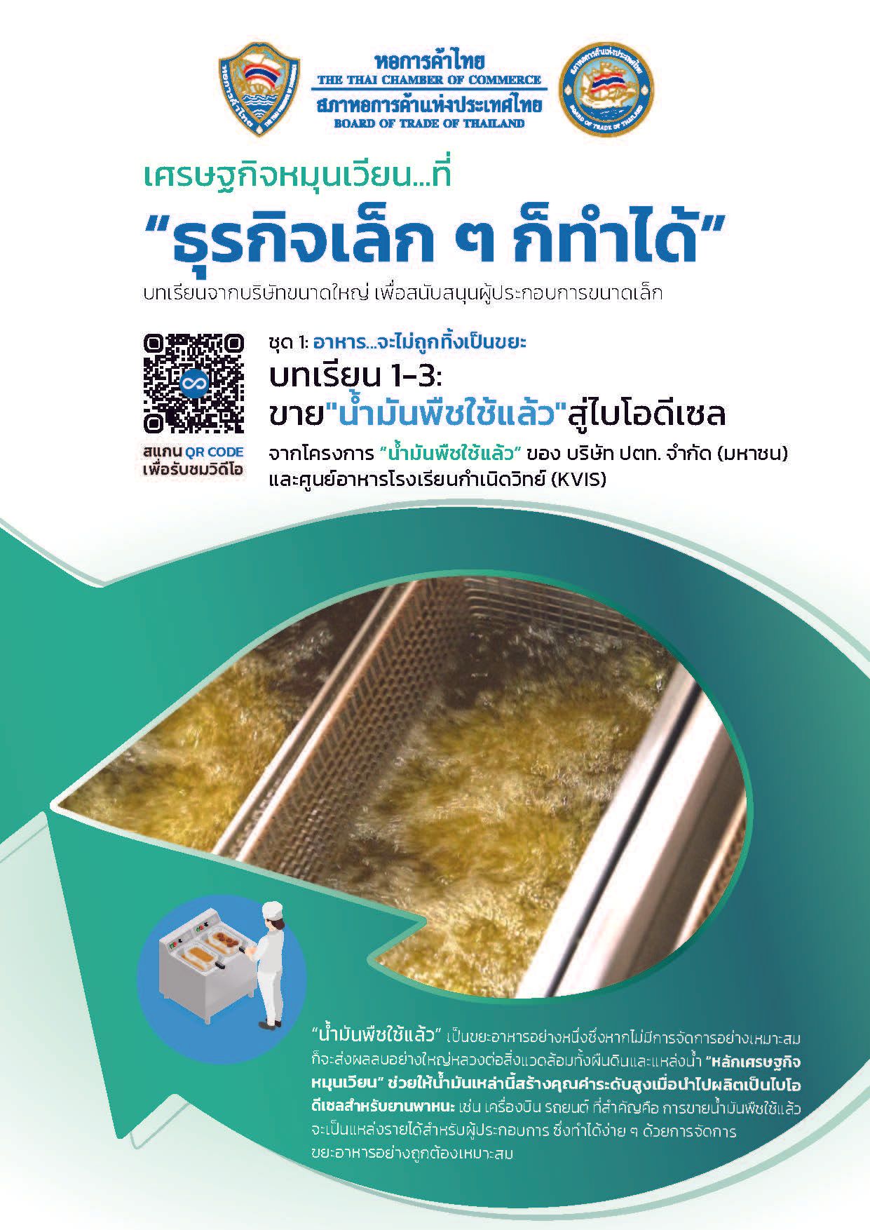 Thai promotional poster for a small business, featuring a QR code and food in containers.