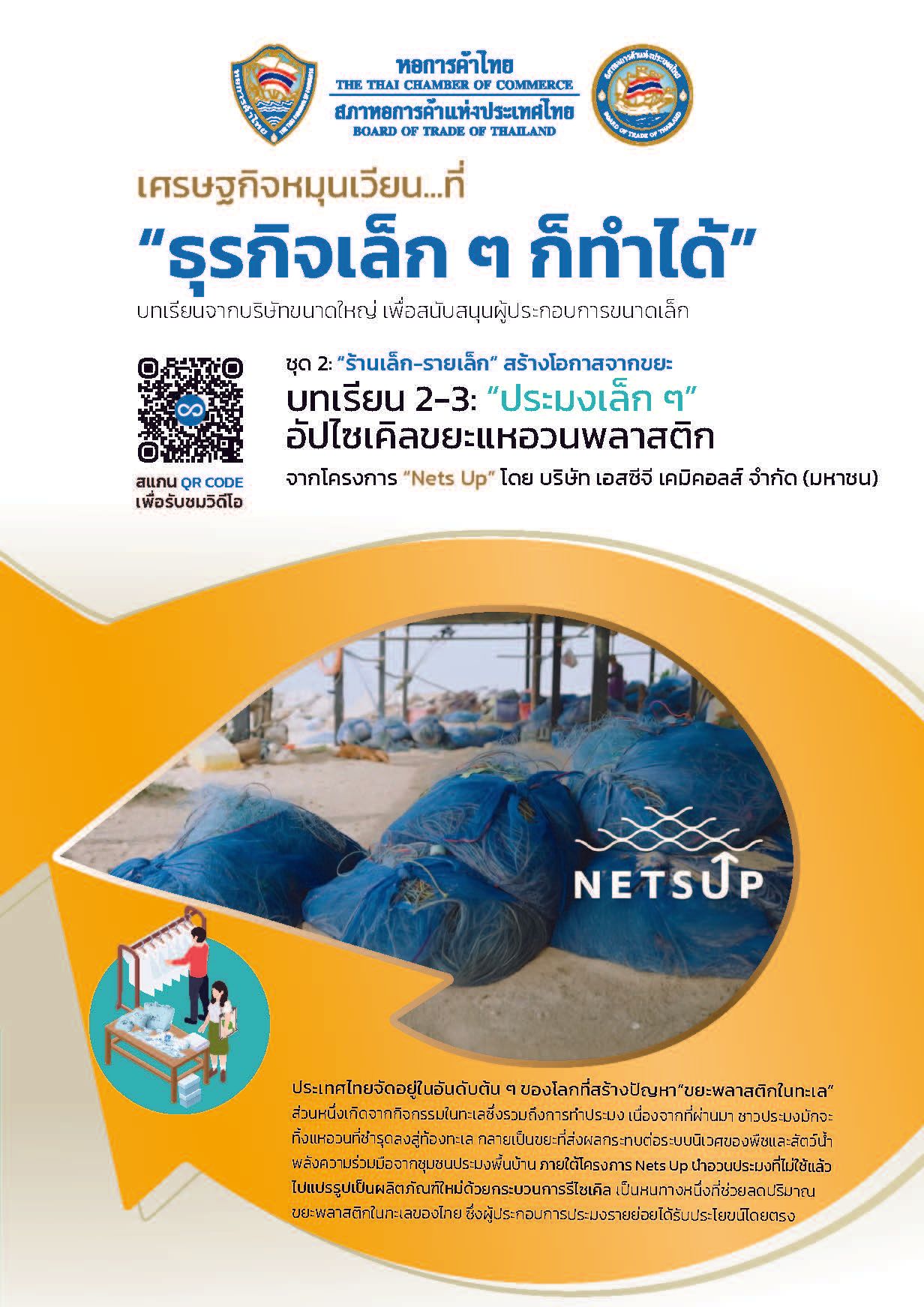 Thai poster with a large fish graphic overlaying fishing nets, QR code, and text.