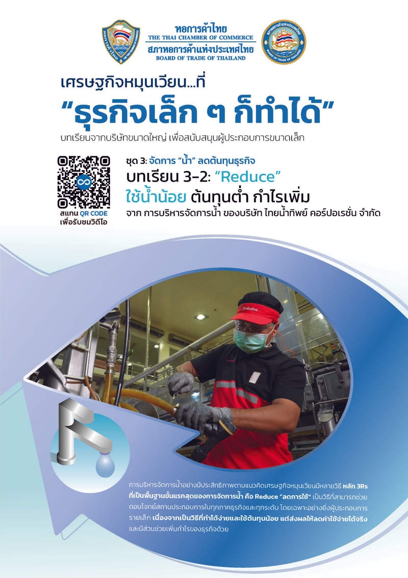 Thai poster: 'Small businesses can do it too,' worker in red visor, faucet icon.