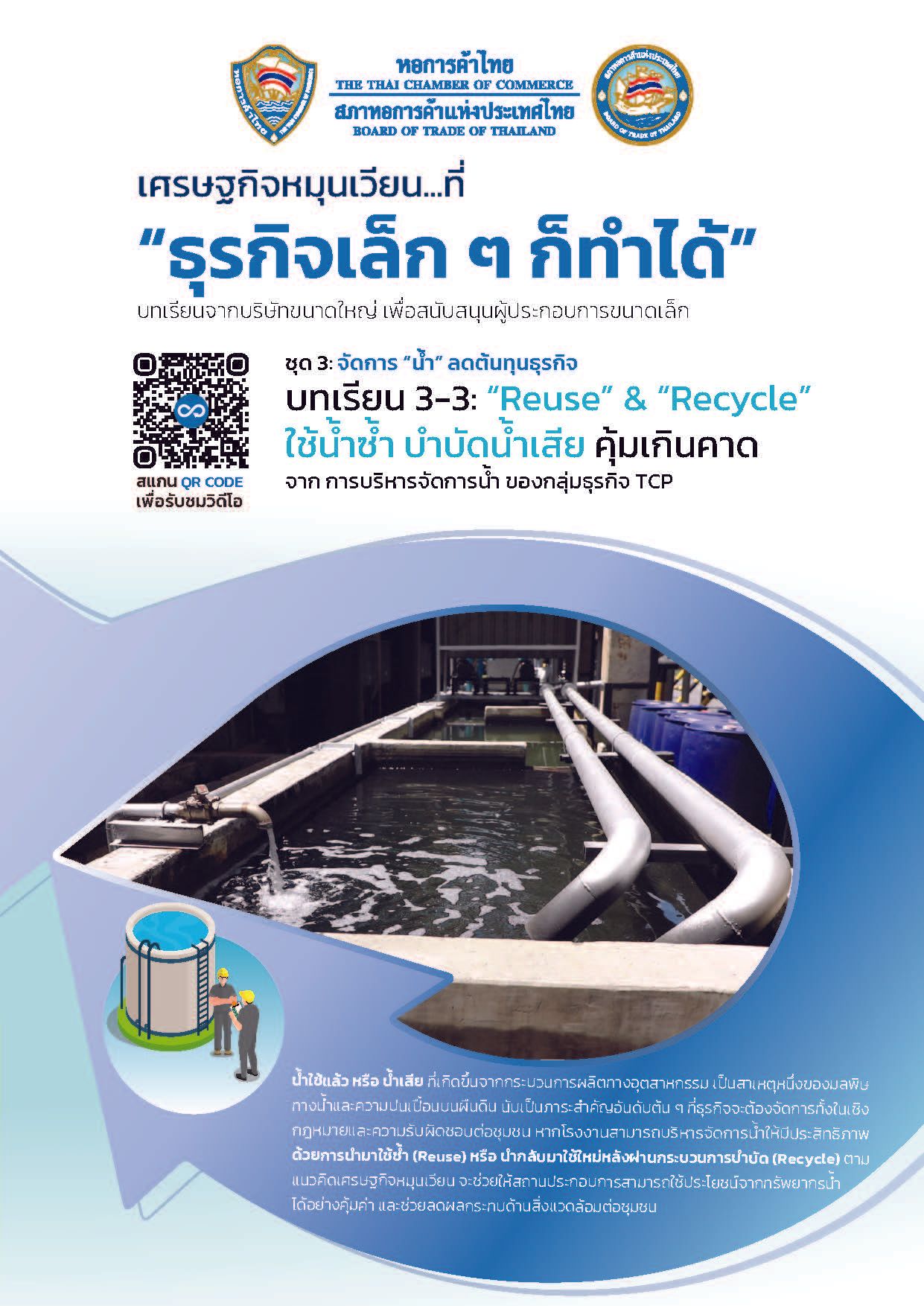 Industrial facility with large pipes for water treatment and a graphic of recycling bins.