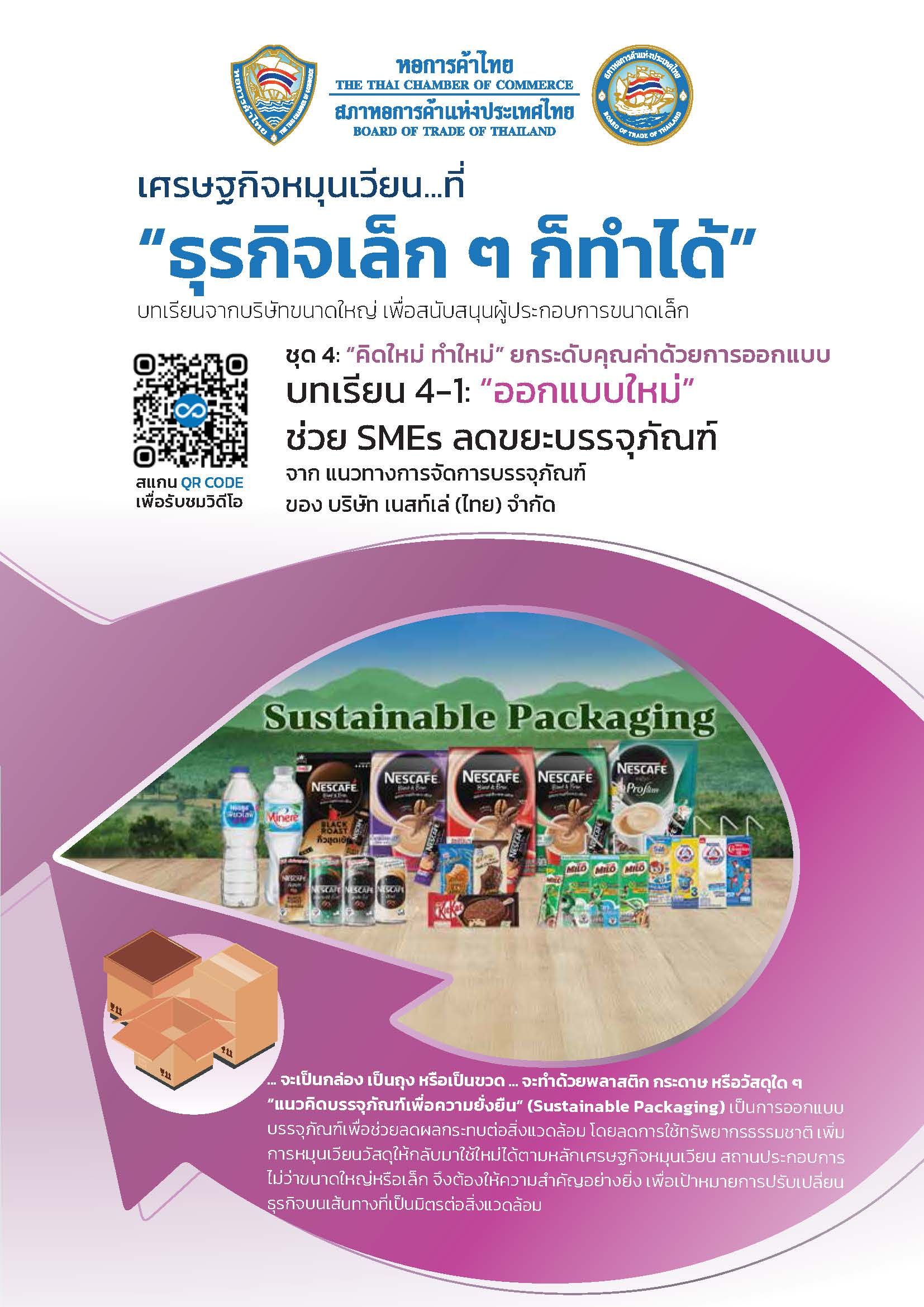 Thai promotional flyer for small businesses, featuring a QR code and diverse packaged products.
