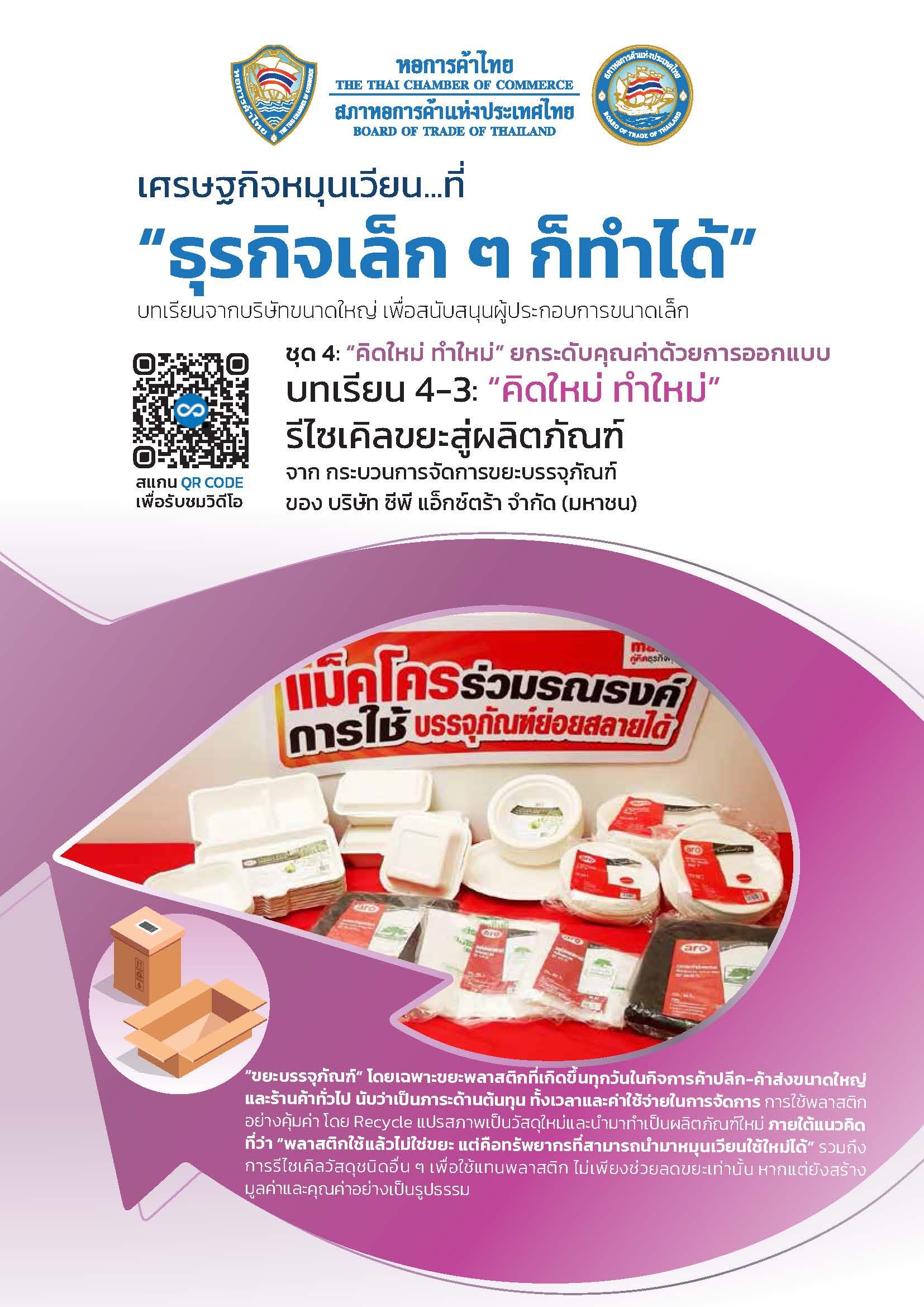 Thai flyer showcasing small business solutions with food packaging examples and a QR code.