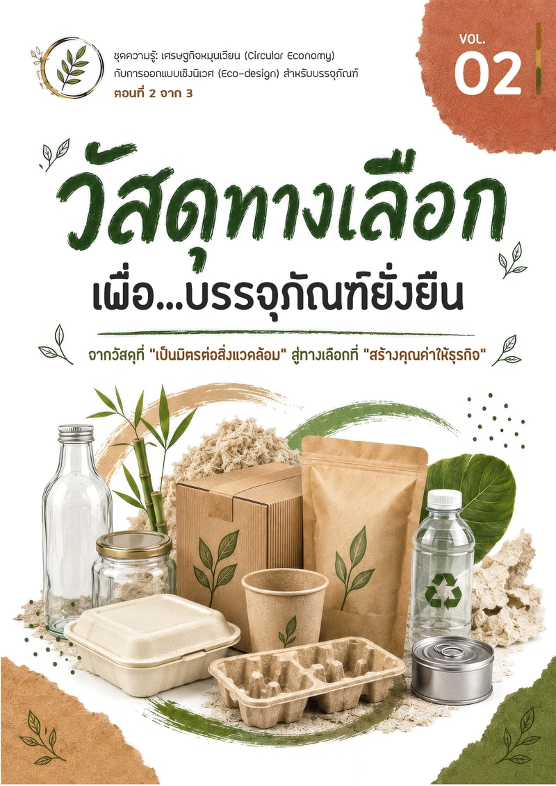 Poster showing sustainable packaging materials like glass, paper, and recycled plastic.