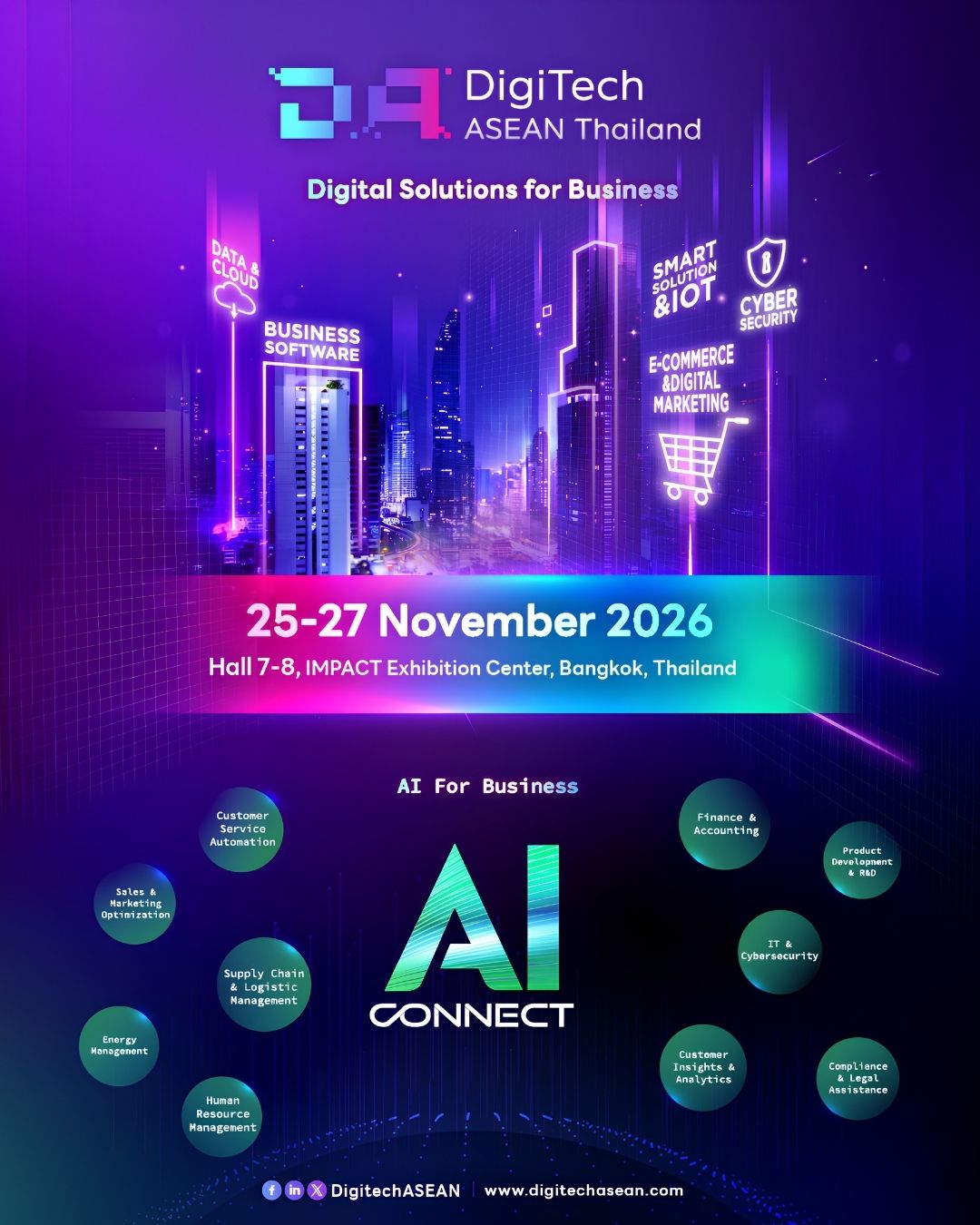งานแสดงเทคโนโลยีและดิจิทัลชั้นนำของอาเซียน รวมกว่า 400 แบรนด์ ครอบคลุม AI, Cloud, Cybersecurity, IoT, E-Commerce และ Business Matching สำหรับผู้ประกอบการและองค์กร