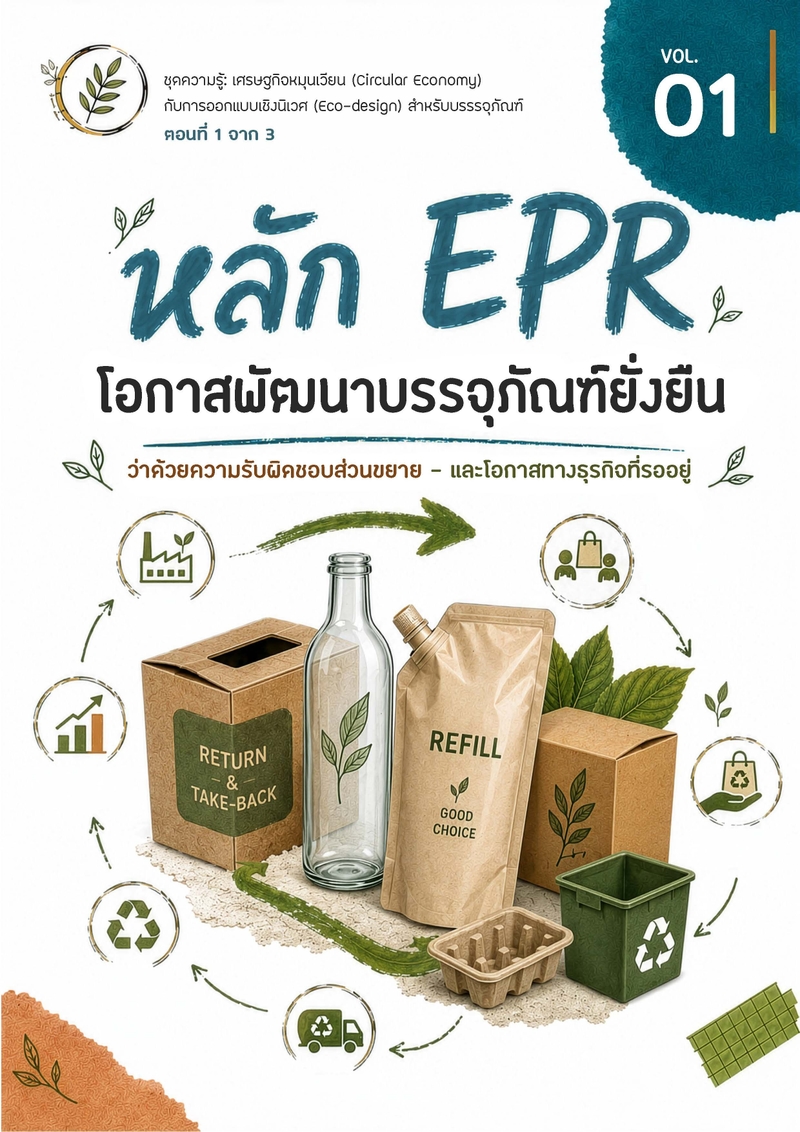 EPR Principles for sustainable packaging innovation, showing a circular economy with diverse eco-friendly materials.